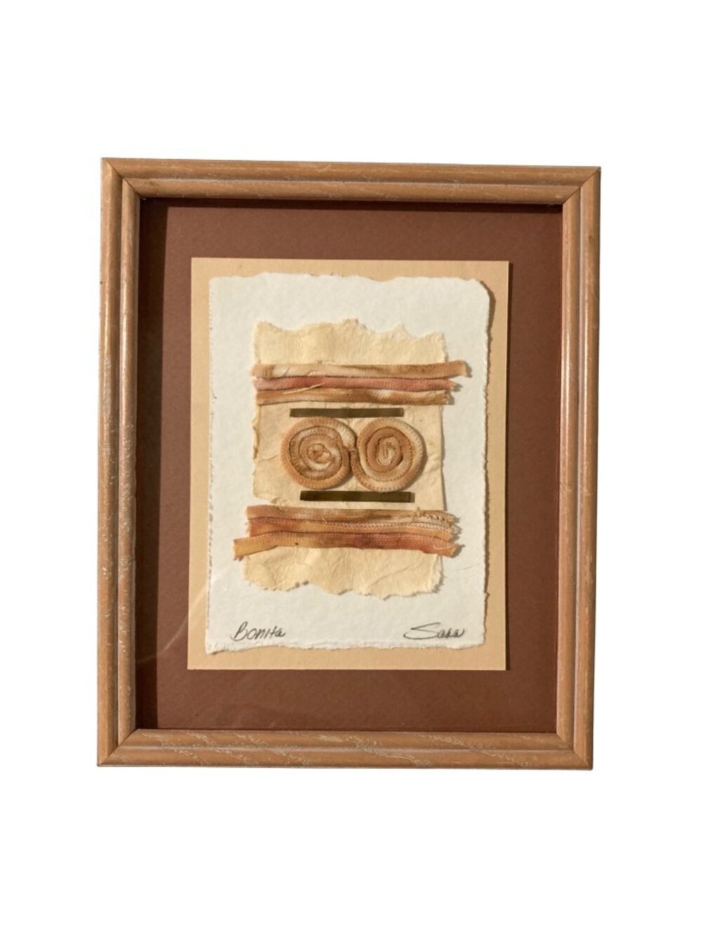 Vintage Mixed Media Textile Fiber Framed Wall Decor Titled Bonita Signed Sara